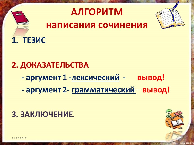 АЛГОРИТМ  написания сочинения ТЕЗИС  2. ДОКАЗАТЕЛЬСТВА      -